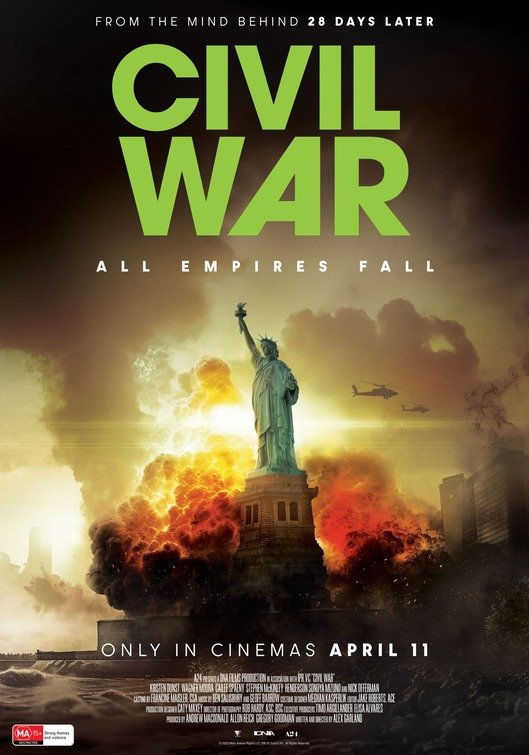 Poster for the movie 'Civil War,' showing the Statue of Liberty with an explosion and smoke in the background, and helicopters flying.