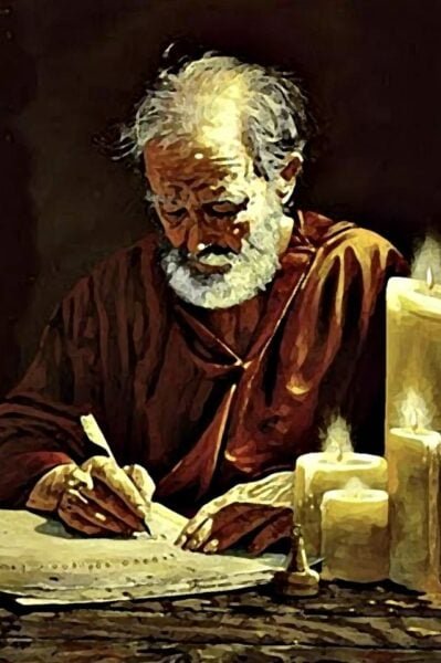 An elderly man with gray hair and a beard writing on a piece of paper with a quill pen, surrounded by lit candles, in a warm, dimly lit setting.