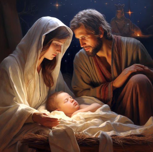 A nativity scene with Mary, Joseph, and baby Jesus in a manger, under a starry night sky.