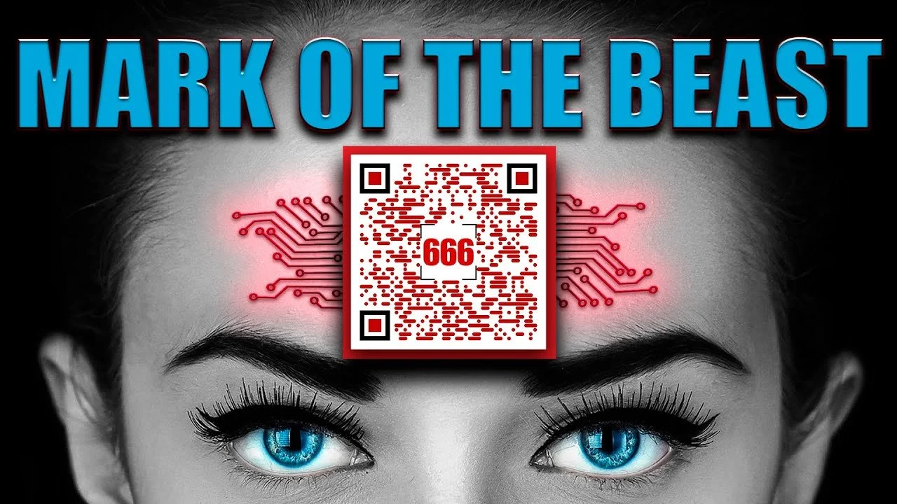 A woman with piercing blue eyes and digital circuitry lines on her forehead, with a QR code marked 666.