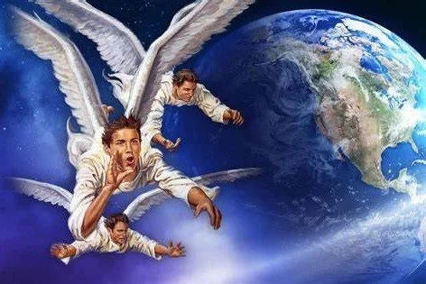 Illustration of angels flying in front of a view of Earth from space.