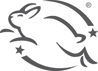 A stylized, black and gray logo of a rabbit with stars, suggesting motion or speed.