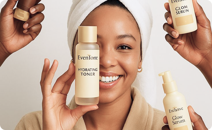 Smiling woman with a towel on her head holding skincare products including a hydrating toner, glow serum, and a smaller bottle, against a neutral background.