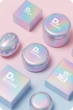 Holographic skincare or cosmetic containers and boxes with the letter 'D' and the word 'BRADING' on a pastel pink and blue background.
