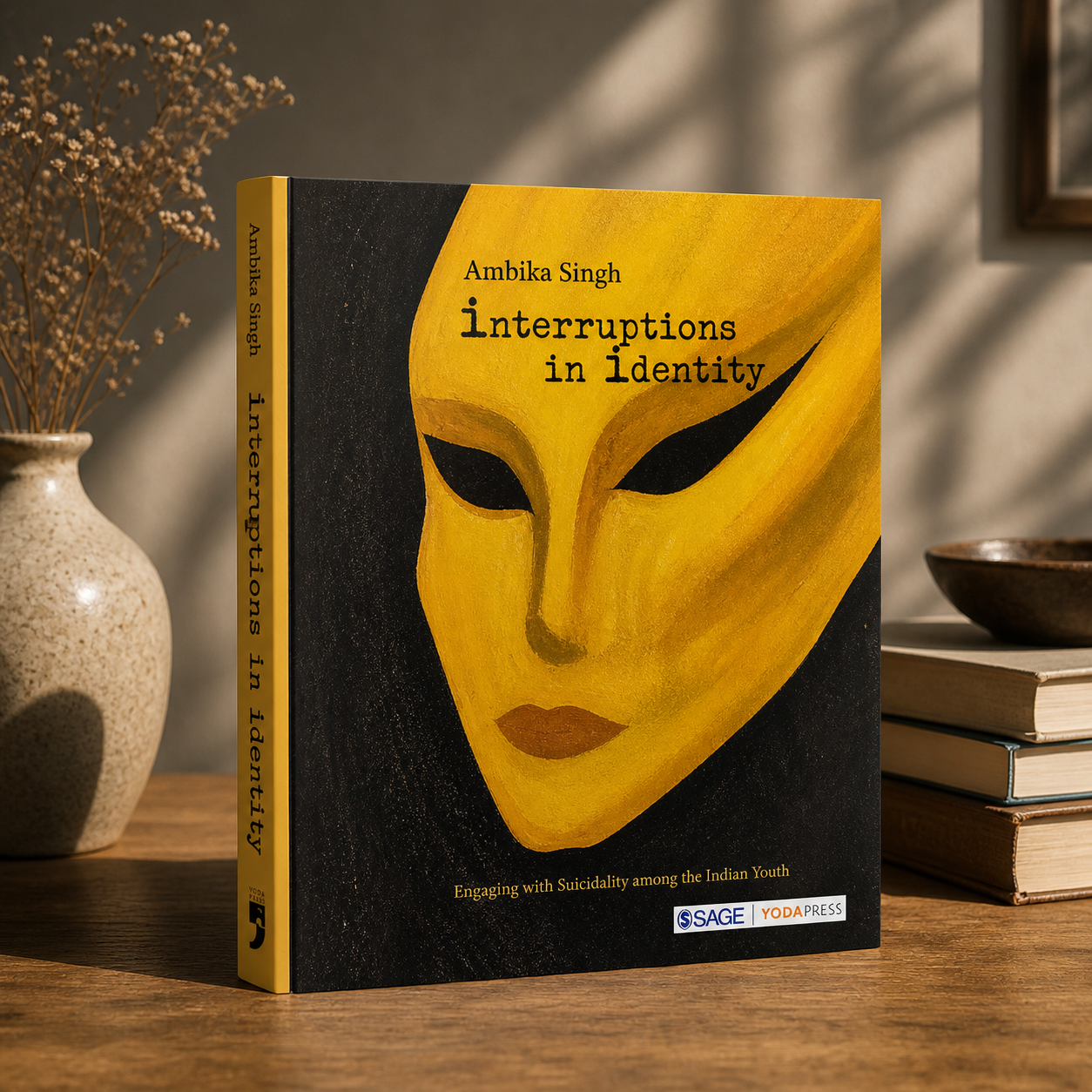 A book titled 'Interruptions in Identity' by Ambika Singh standing on a wooden table. The cover features an abstract, yellow face with black eyes and a neutral expression. To the left, there is a beige vase with dried flowers. To the right, there are stacked books and a small bowl, with a blurred background containing a window.