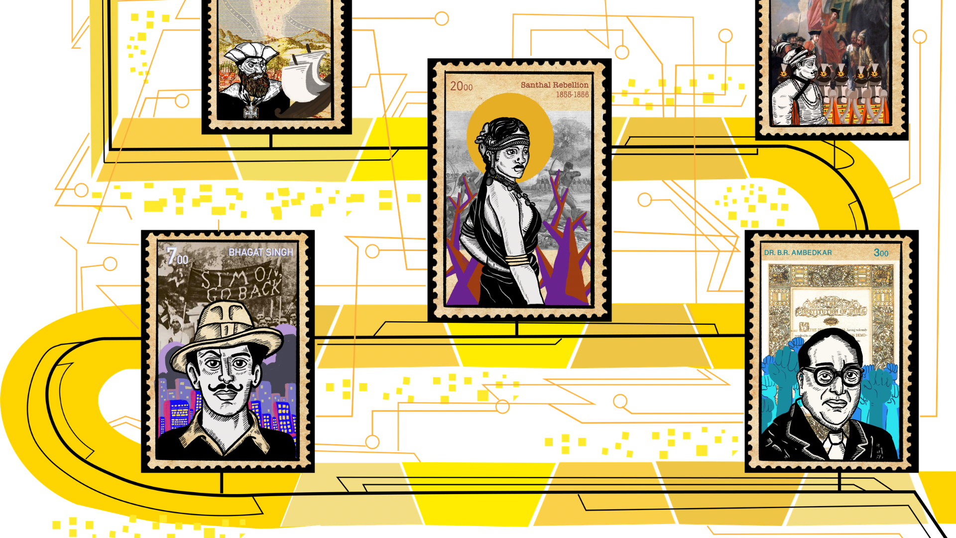 A digital collage of Indian postage stamps featuring historical figures and activists, with a background of yellow circuitry lines and pixelated yellow blocks.