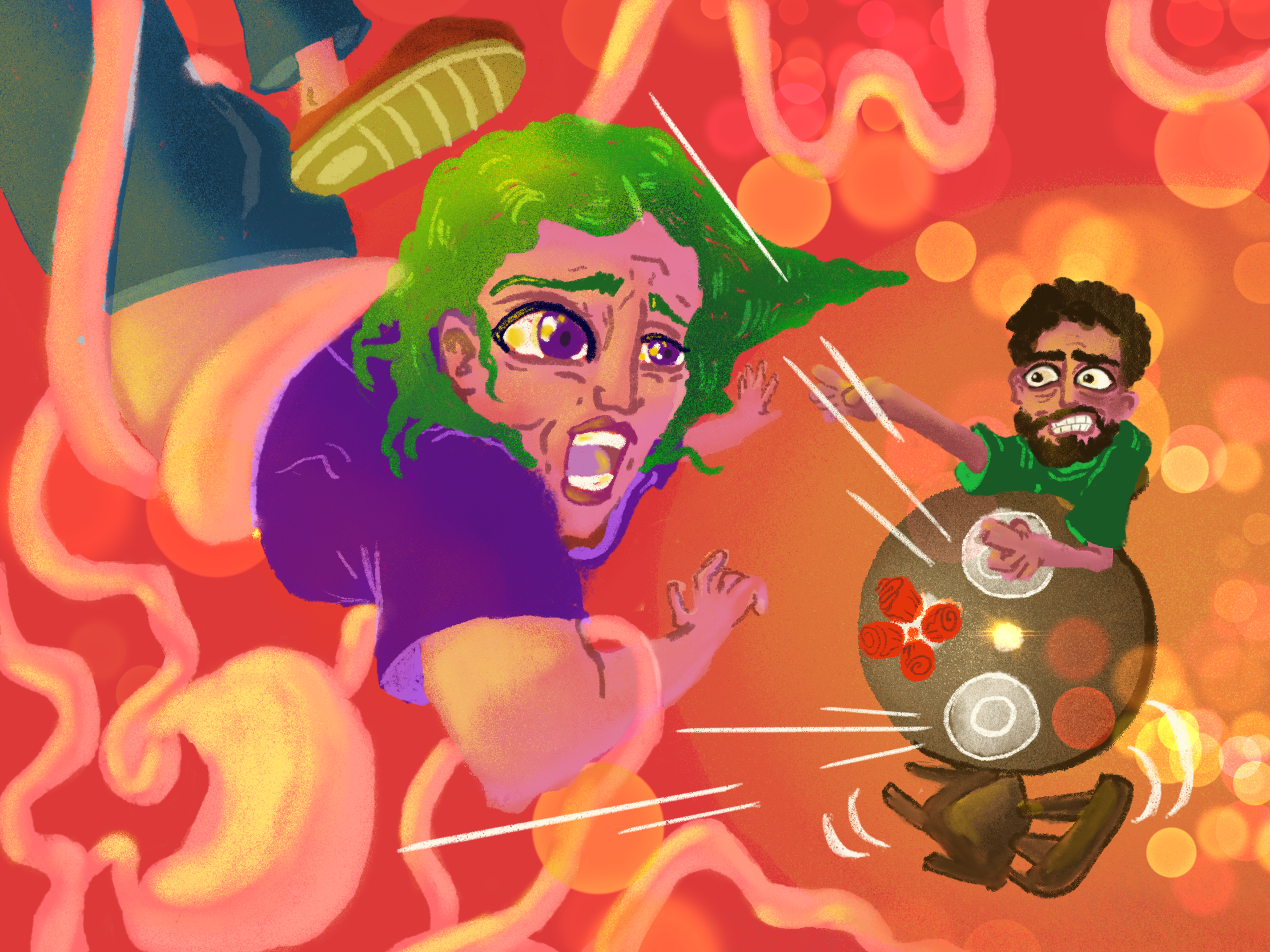 A colorful illustration of a woman with green hair, wide eyes, and an open mouth, appearing to scream or shout. She has a hand raised, and behind her, a man with curly brown hair, a beard, and glasses is playing a guitar. The background is vibrant with reds, pinks, and yellow swirls and circles, giving a lively, energetic feel.