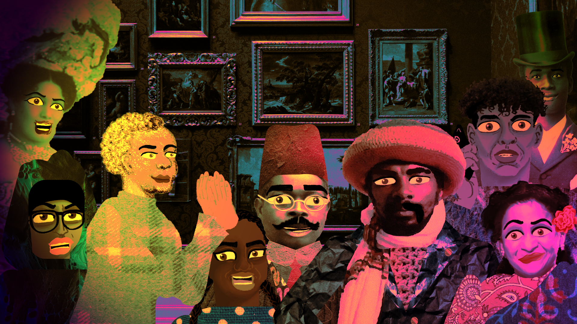 Digital illustration of diverse characters dressed in vintage clothing with a background of framed classical paintings, capturing a colorful, stylized scene.