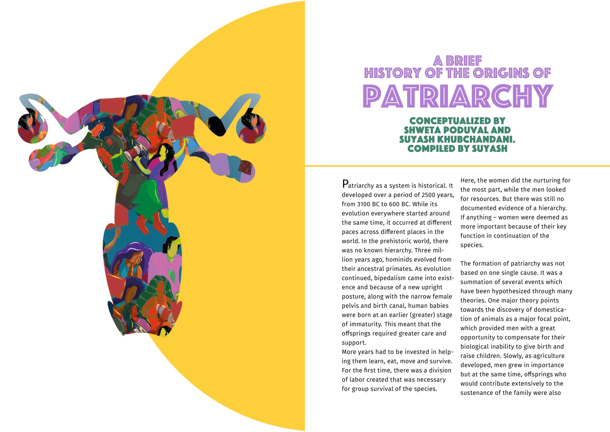 Illustration of a fish filled with diverse images of women, set against a yellow background with highlighted purple and green text discussing the history of patriarchy.