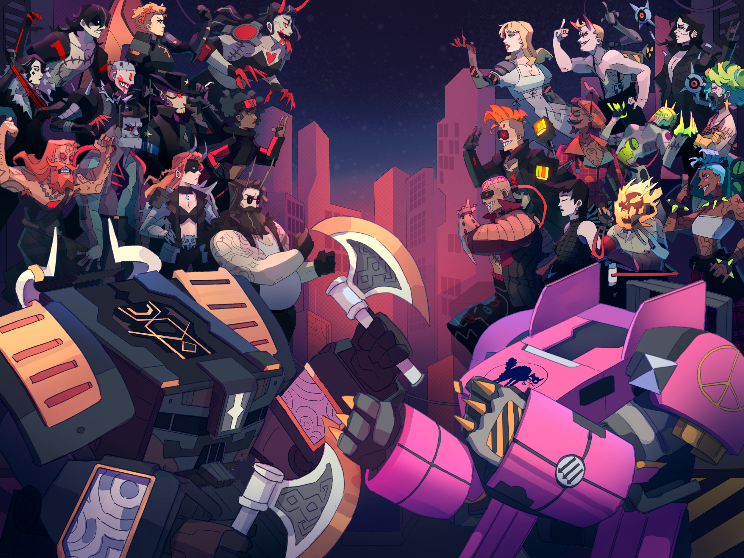 Large image showing two mechs facings off against each other with characters behind them.
