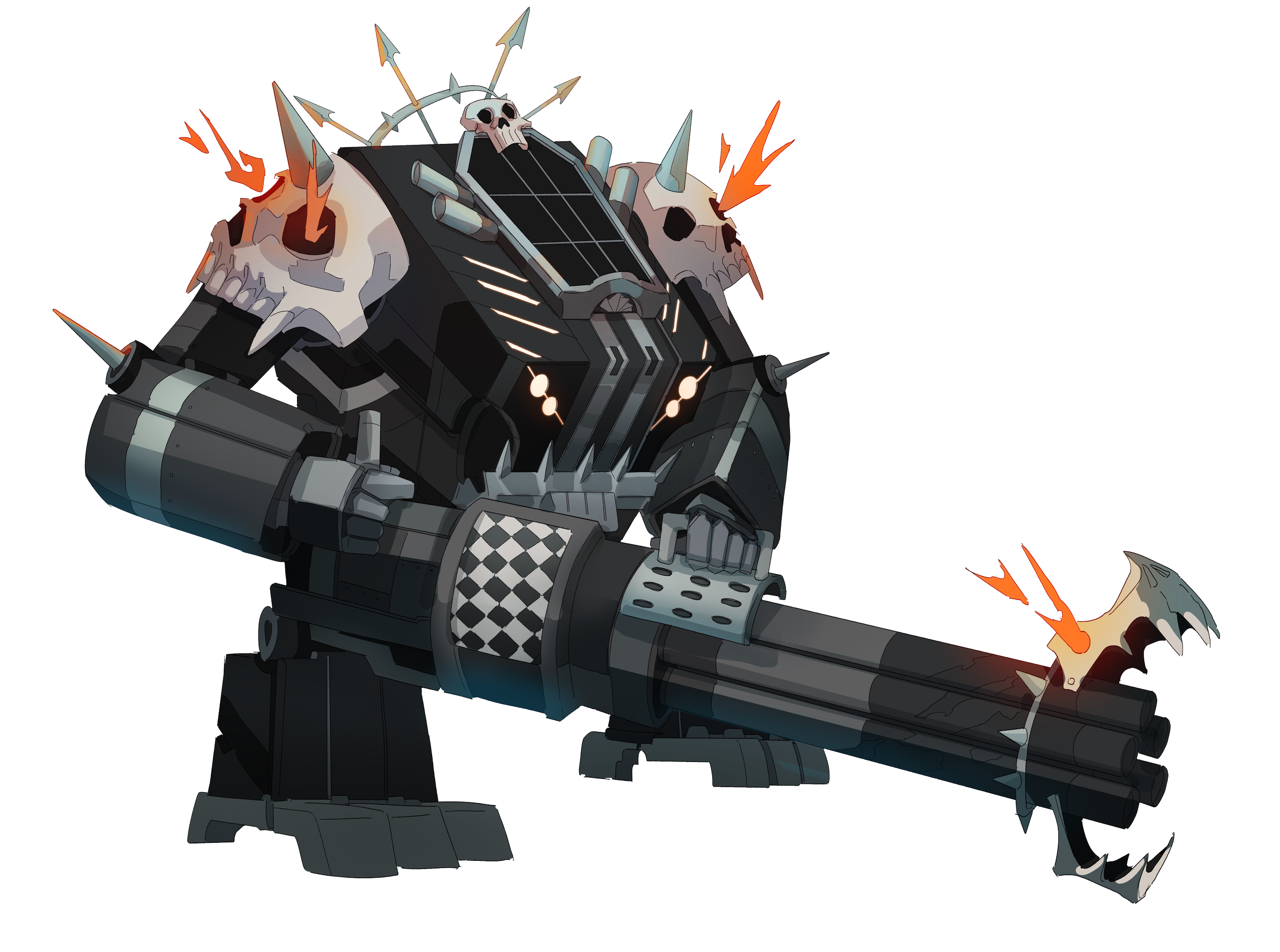 A large mech festooned with skulls and armed with a huge rotary cannon.