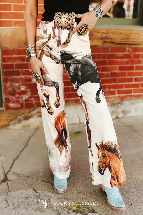 Vintage Running Horse Printed Wide Leg High Rise Jeans (32in Inseam)