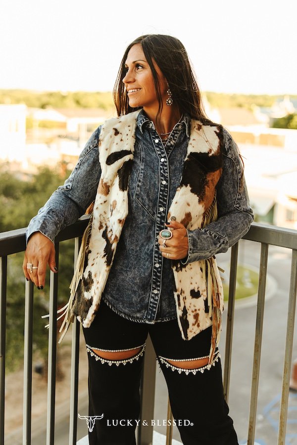 Cow Fur Concho Button Down Vest W Side Fringe