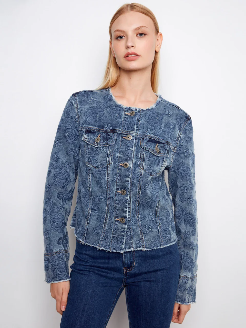 Eyelet Stretch Denim Collarless Jacket