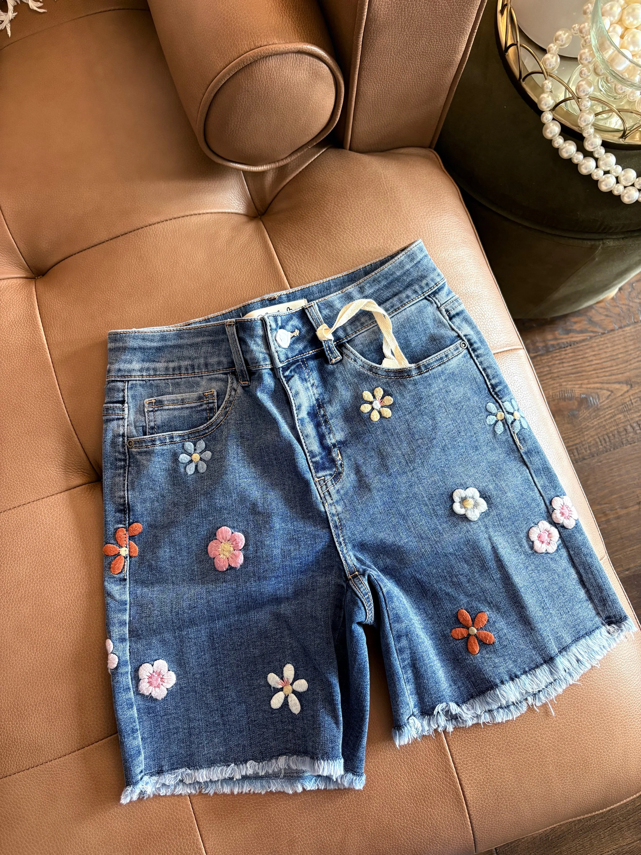 Embroidered Stretch Denim Shorts