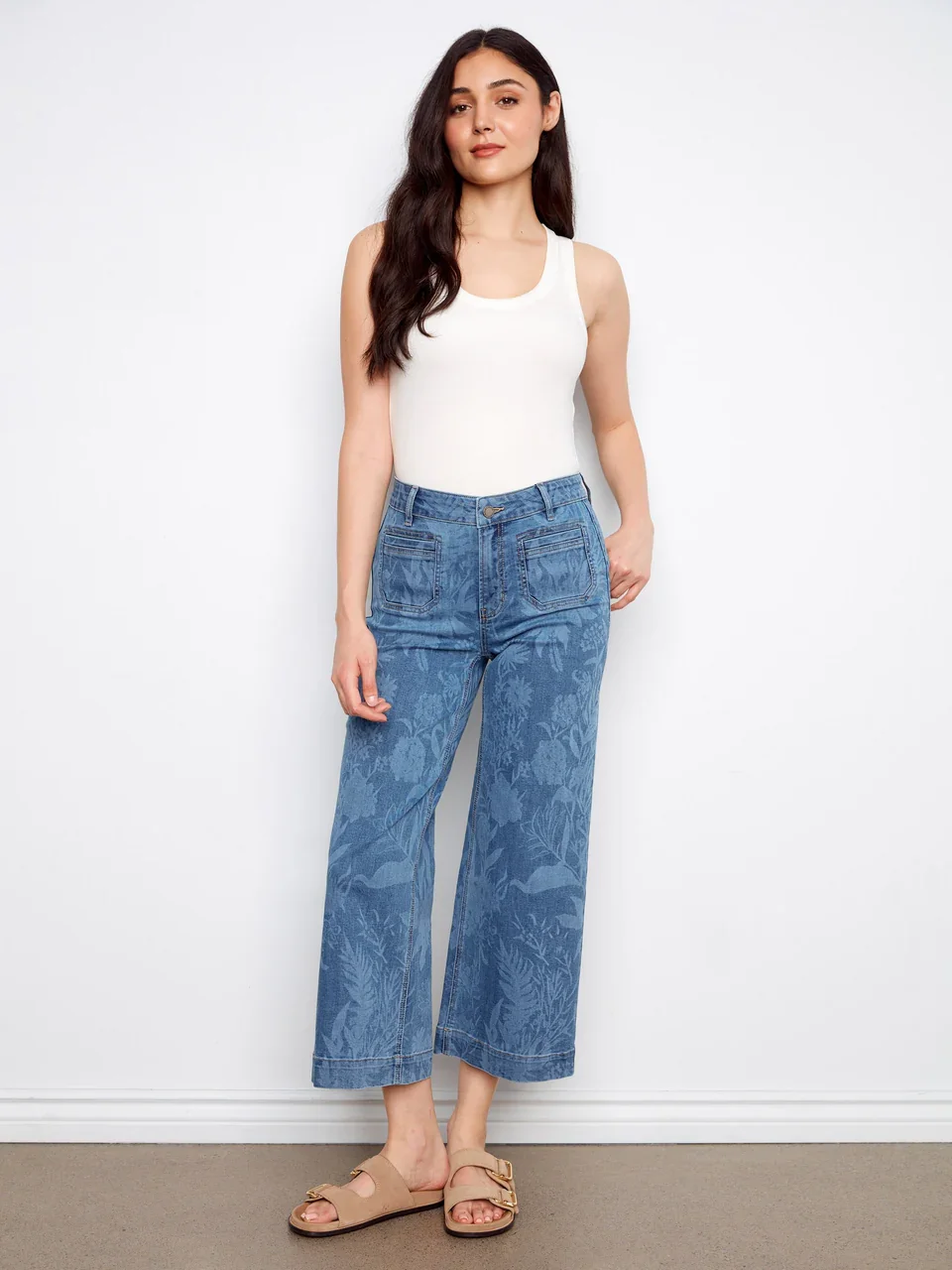 Printed Cropped Patch Pocket Flare Stretch Denim Pants