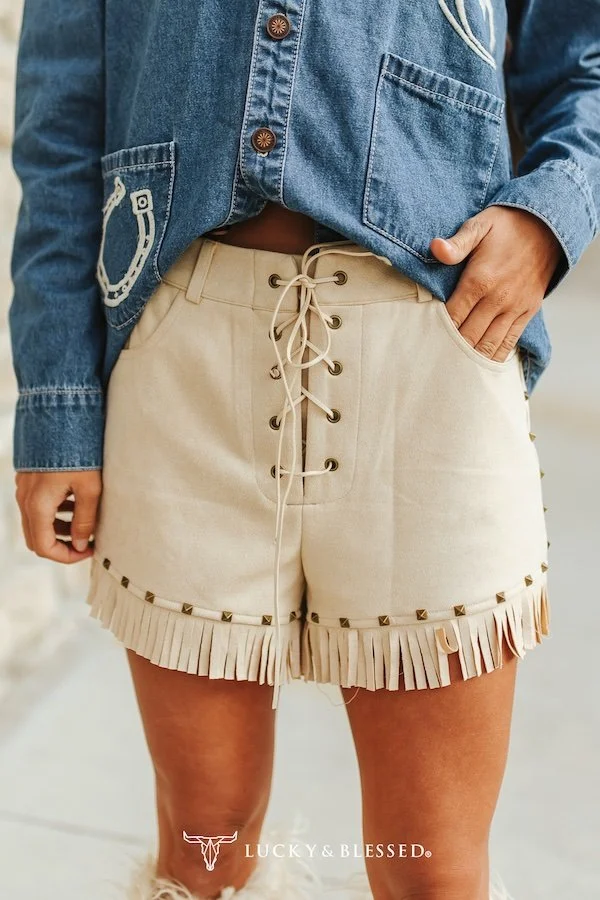 Sand Suede Fringe Hem Vintage Gold Studded Eyelet Shorts