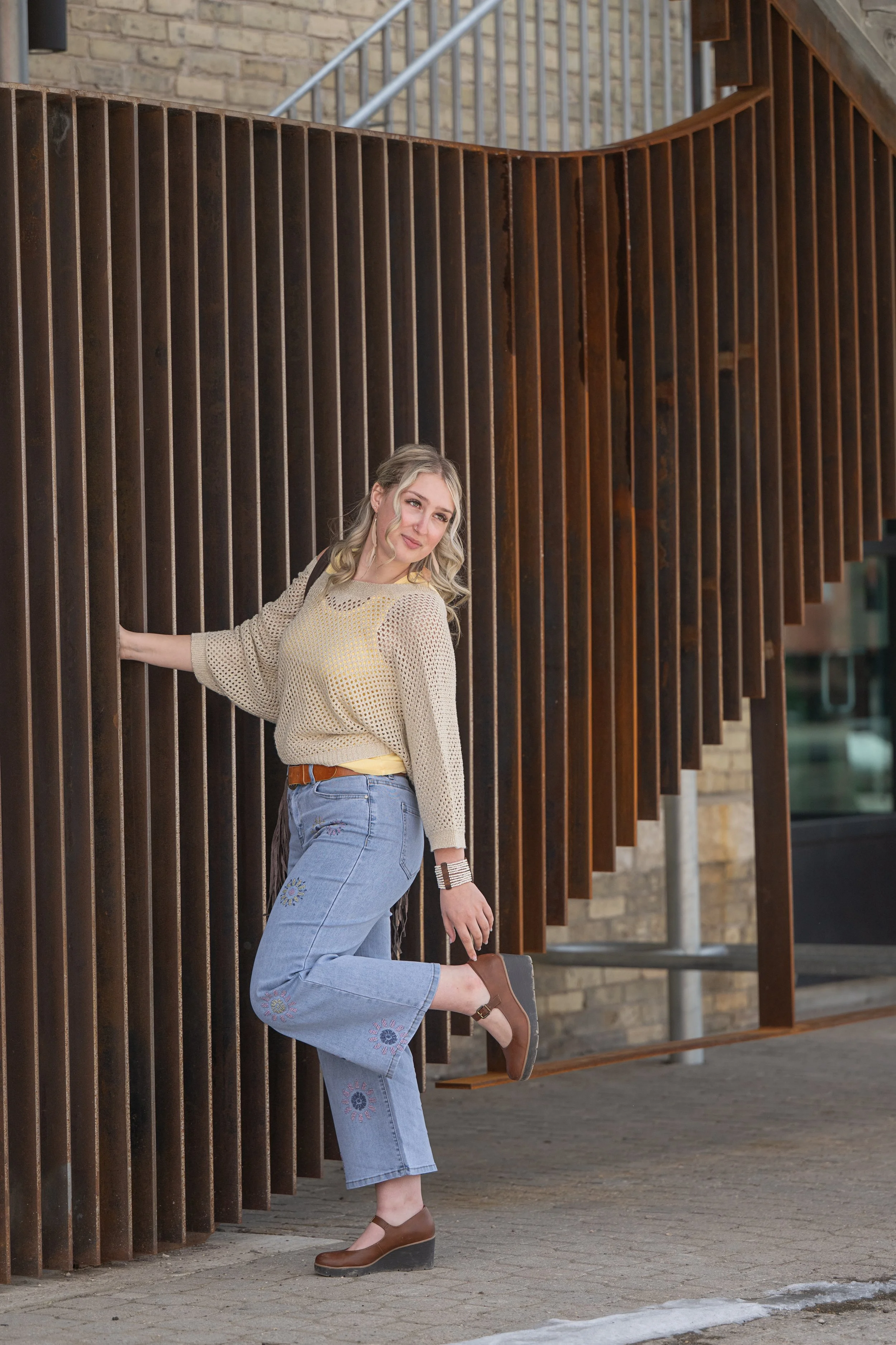 Wide Leg Jeans with Flower Embroidery - Light Blue