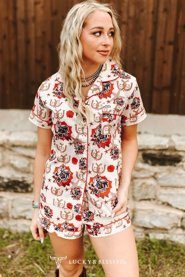 Rose Cowboy Printed Button Down Shorts Set