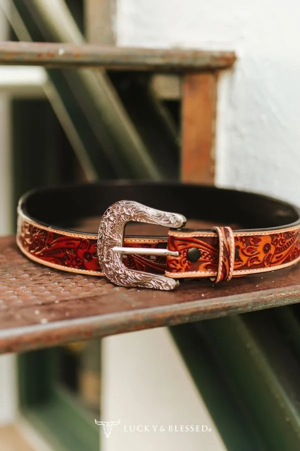 Tooled Leather Western Belt W Buckstitch Detail