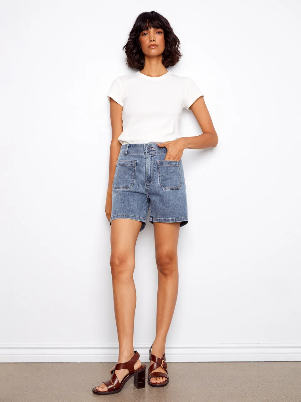 Stretch Denim Shorts With Patch Pockets