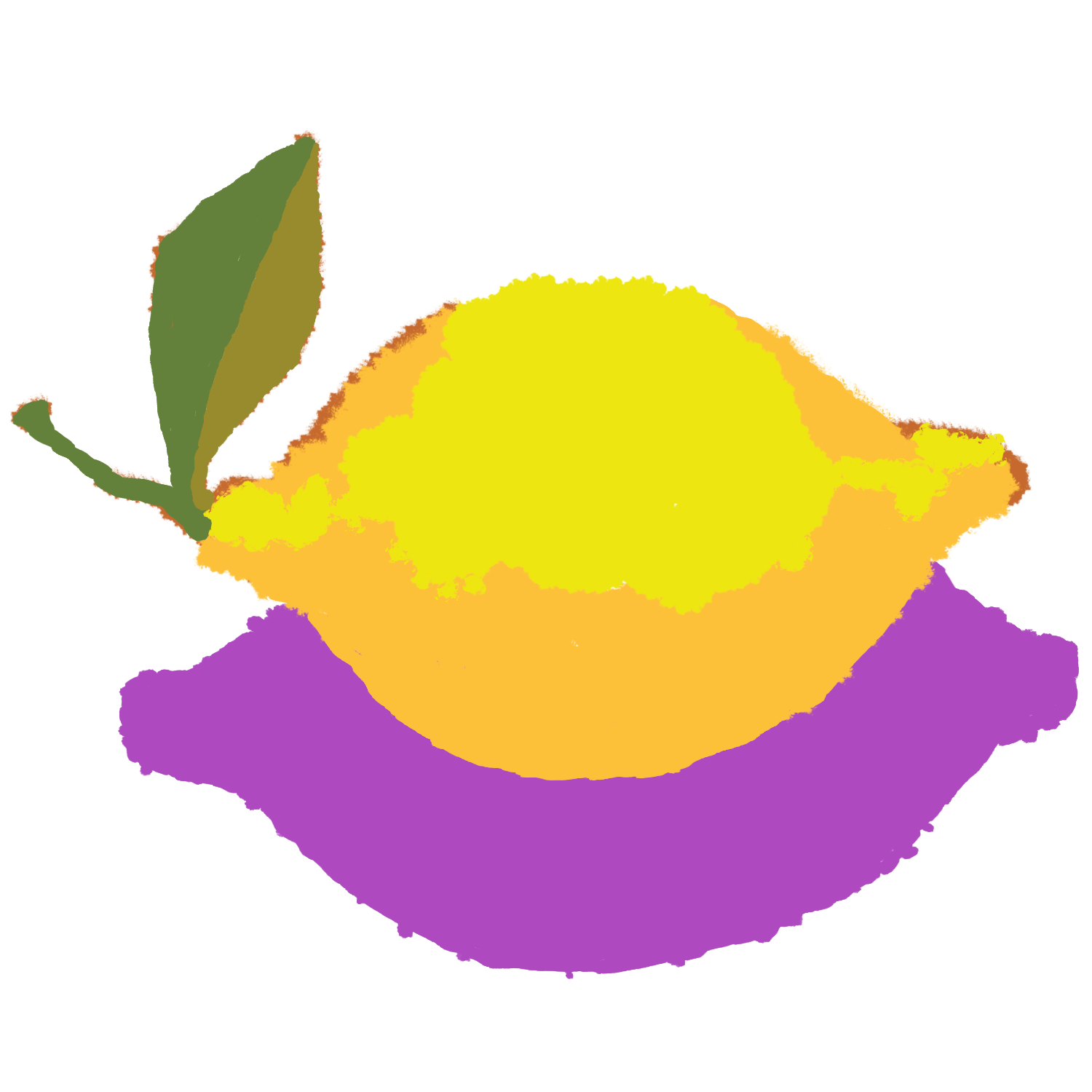 A digitally altered image of a lemon with a green stem, set against a purple background.