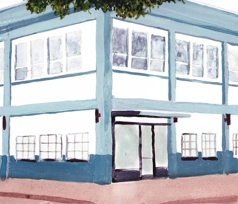 Watercolor painting of a two-story light blue building with multiple windows.
