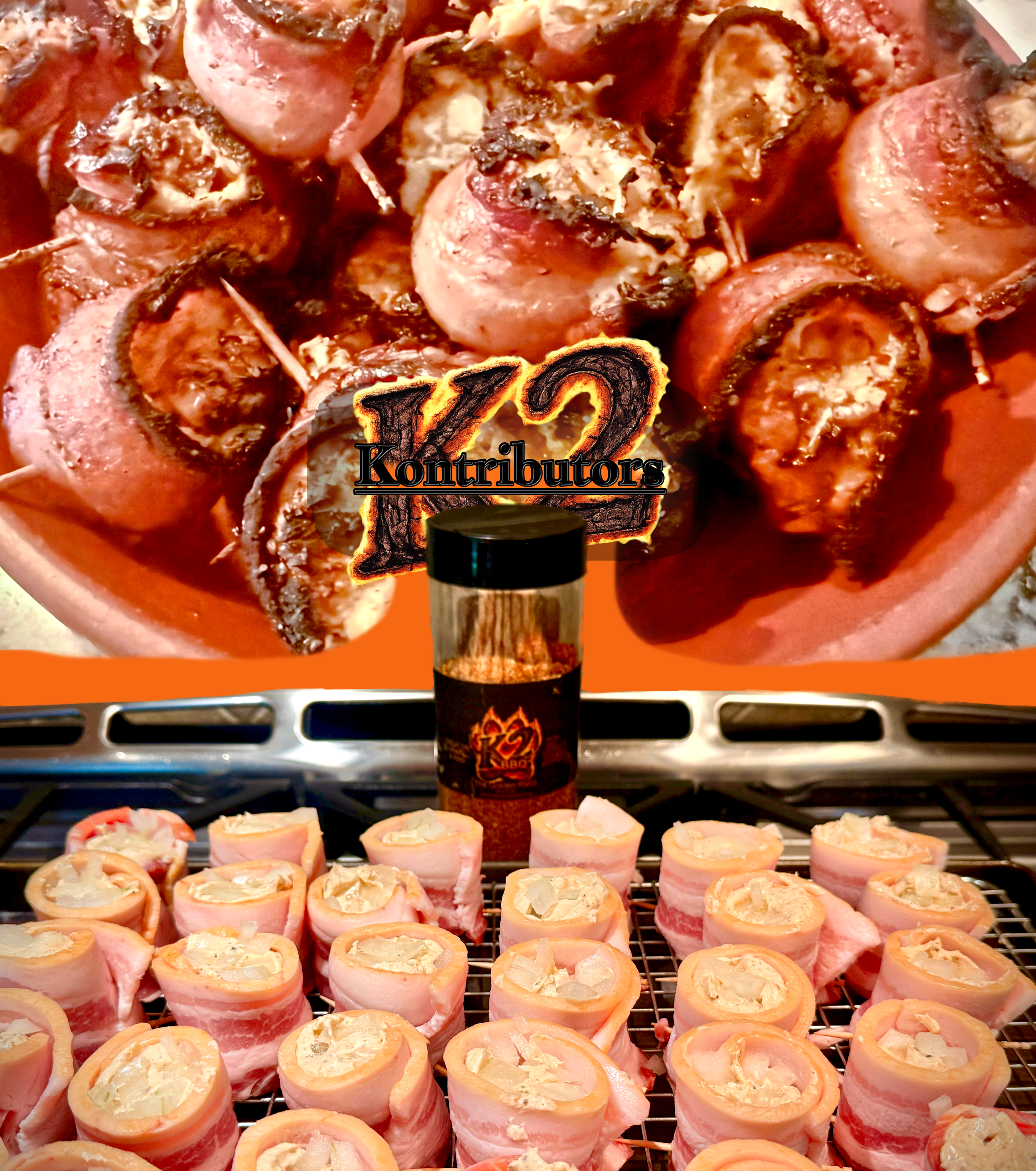 “Pig Bombs with K2 Rub!!
Bacon wrapped sausage w/ a mixture of cream cheese/rub and onions. Grill for 30 minutes! “
-Jeff H.