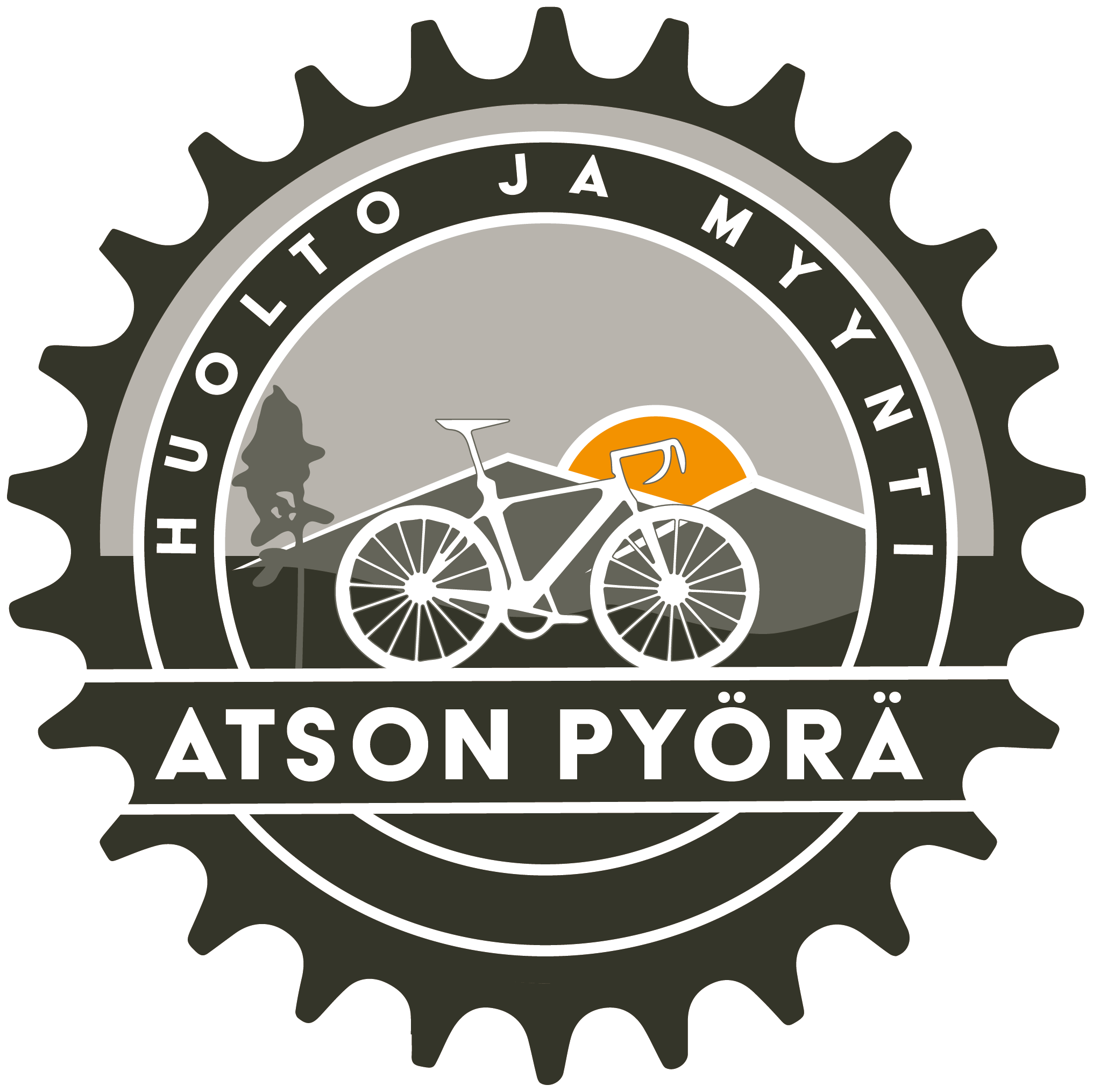 Pyörähuollon logo, jossa pyörä ja auringonlasku vuoristomaisemassa, ympärillä rengas ja teksti 'Huolto ja myynti' ja 'Atson Pyörä'.