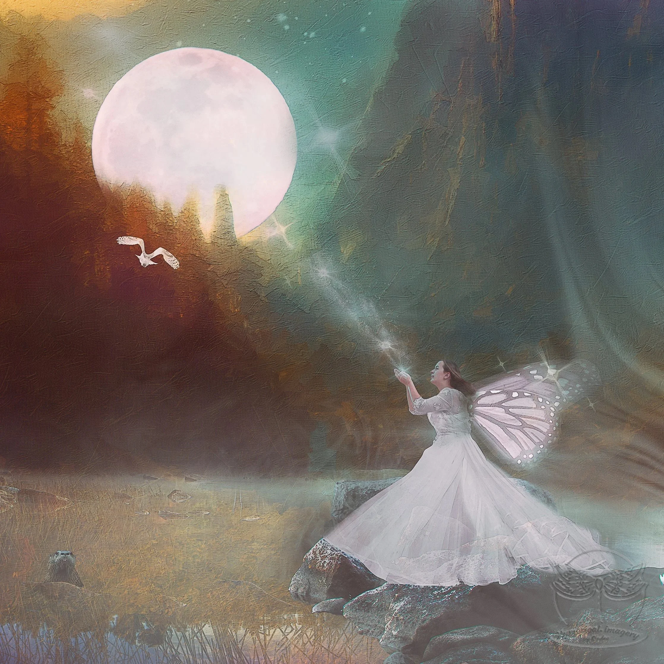 My granddaughter is my muse and model for my fairy images. Snowy owl and full moon at Nags Head. Redwood stump from Fern Canyon, Fall forest valley Acadia NP, Meadow Shenandoah NP