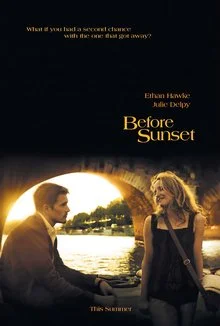 Movie poster for 'Before Sunset' featuring a man and woman sitting by a body of water at sunset, engaging in a conversation.