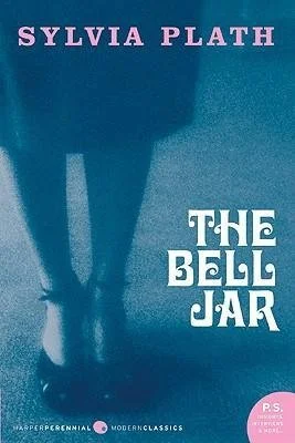 Book cover for Sylvia Plath's "The Bell Jar" with a blue background and the title in white text, and a small pink circle with additional text.