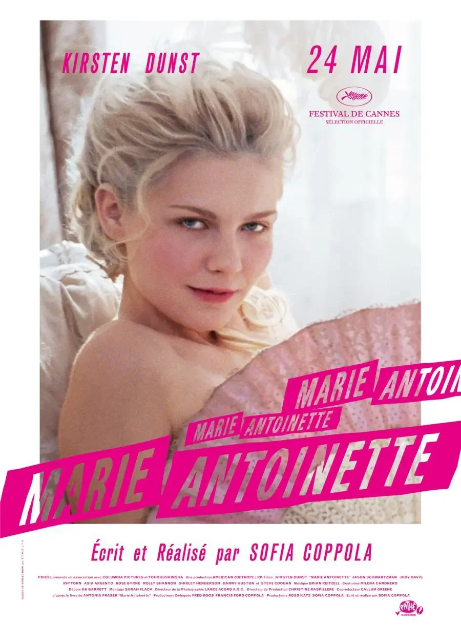 Movie poster featuring a young woman with blonde hair and blue eyes, holding a pink fan. Text indicates the movie 'Marie Antoinette,' written and directed by Sofia Coppola, with release date May 24, at Cannes Festival.