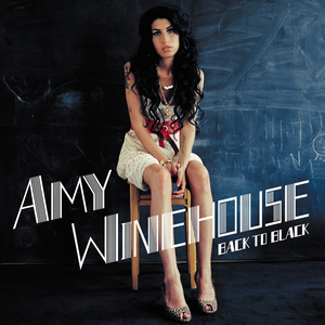 Album cover featuring Amy Winehouse sitting on a chair against a dark chalkboard background, with text 'Amy Winehouse Back to Black'.