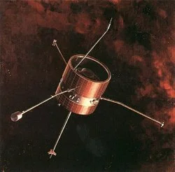 Illustration of a spacecraft with four extended solar panels orbiting in space with a dark background.