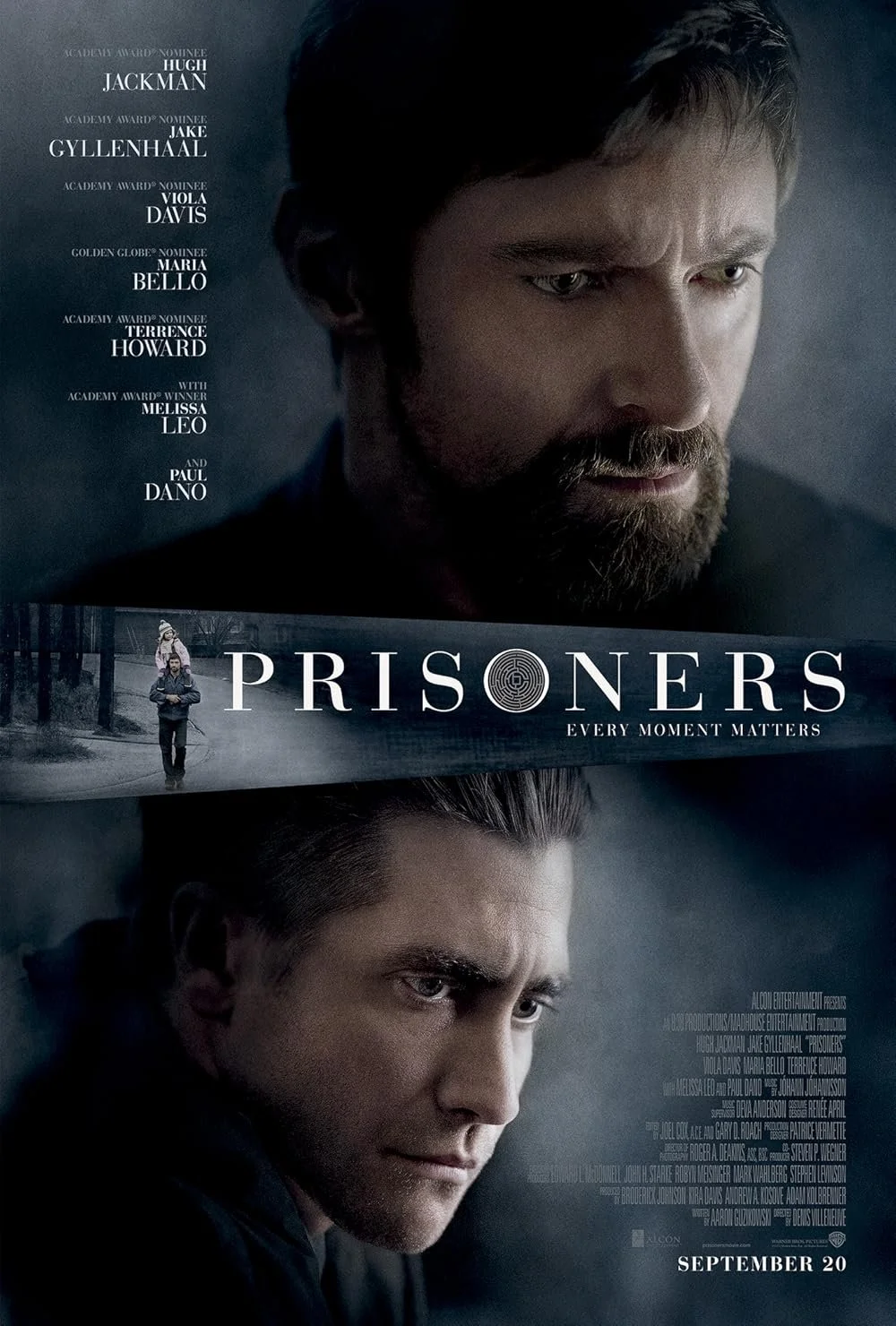 Movie poster for 'Prisoners' featuring close-up images of Hugh Jackman and Jake Gyllenhaal, with a scene of a man walking in a wintery outdoor setting and text listing cast members and the release date September 20.