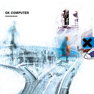 Album cover for Radiohead's OK Computer with abstract art and distorted imagery.