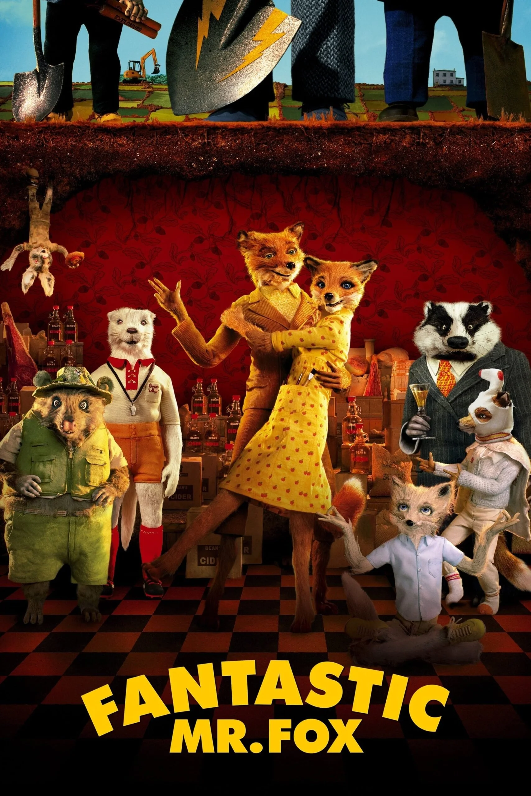 A colorful animated movie poster for "Fantastic Mr. Fox" featuring anthropomorphic animals in a bar scene, with two foxes dancing in the center, surrounded by a raccoon, dog, mole, and other animals dressed in human clothing, with a checkered floor a
