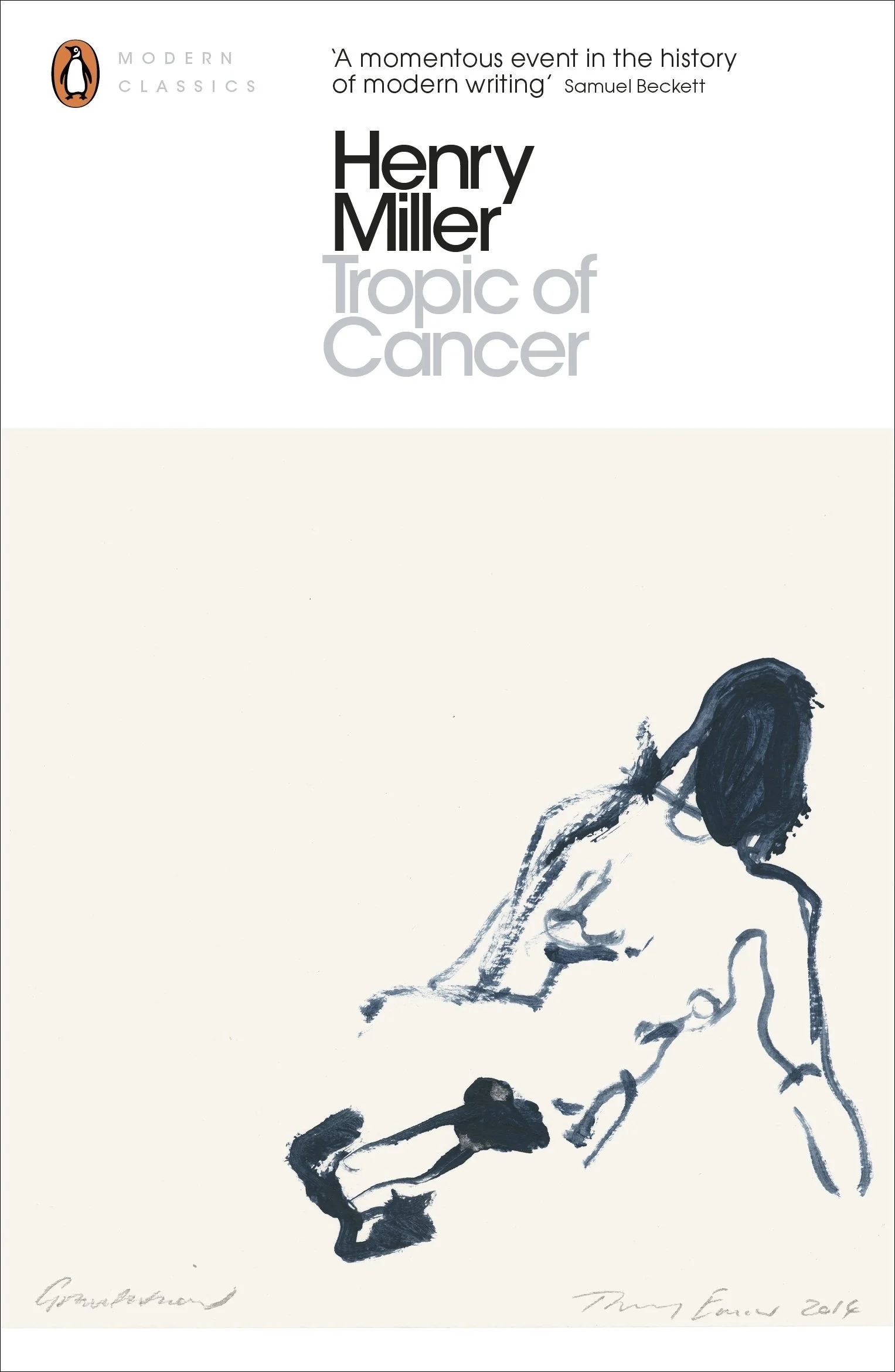 Book cover for Henry Miller's 'Tropic of Cancer' with an abstract black ink sketch of a reclining nude woman with dark hair.