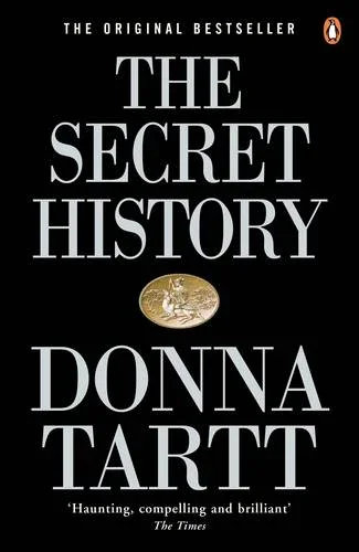 Book cover of 'The Secret History' by Donna Tartt with a black background, white text, and a small gold illustration of a tree in the center.