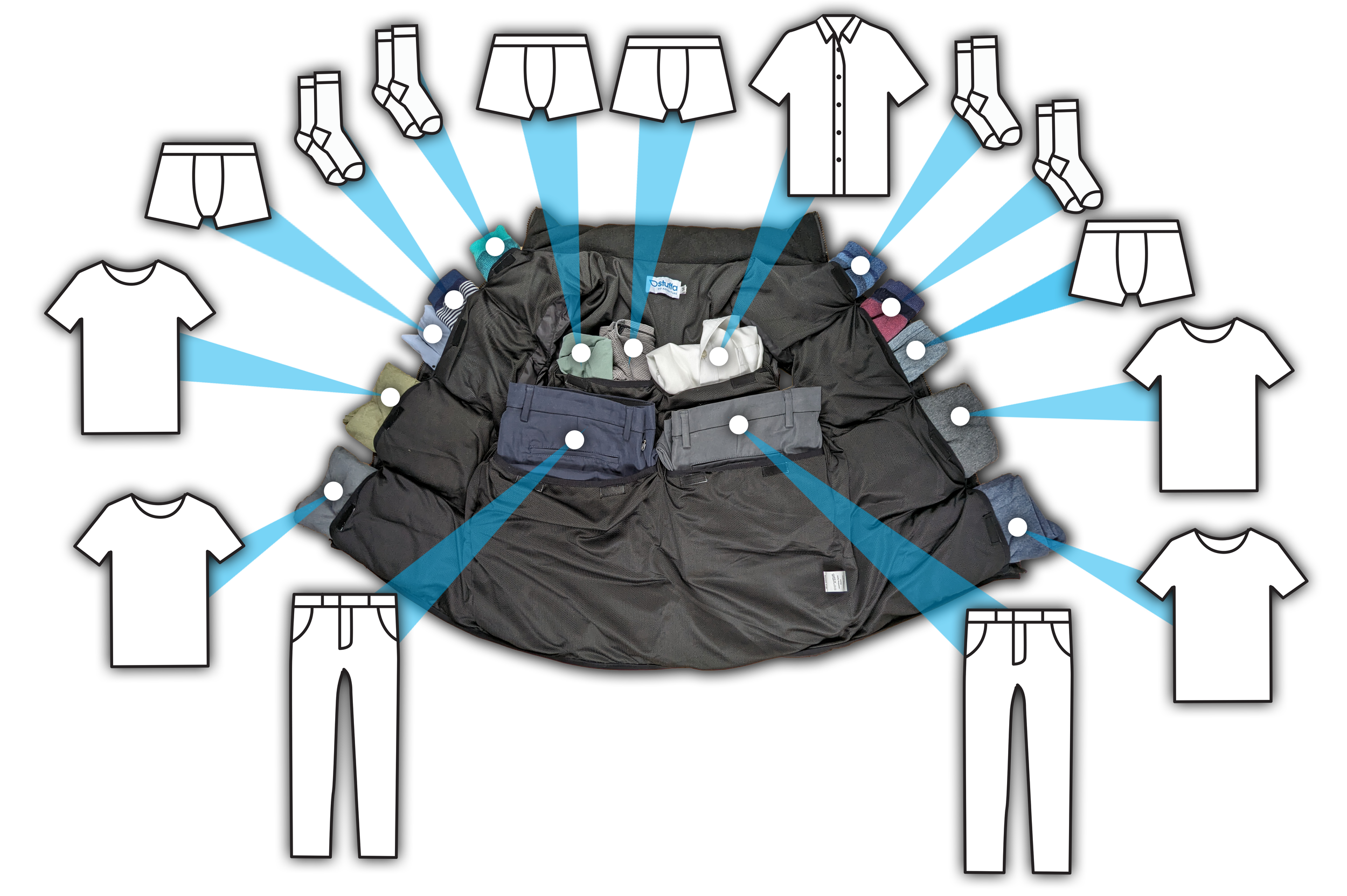 A pile of clothing including shirts, pants, socks, and underwear, with lines connecting to simple line drawings of similar clothing items surrounding the pile. This shows how many clothes can be fit into the jacket using its hidden pockets