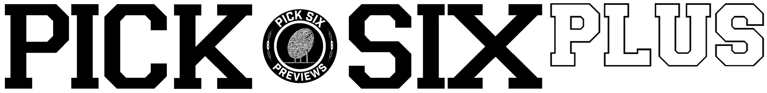 Logo with the text 'Pick Six Podcasts' in large black and white letters, featuring a circular emblem in the center with the words 'Pick Six Reviews' around the circumference and an image of a tree inside.