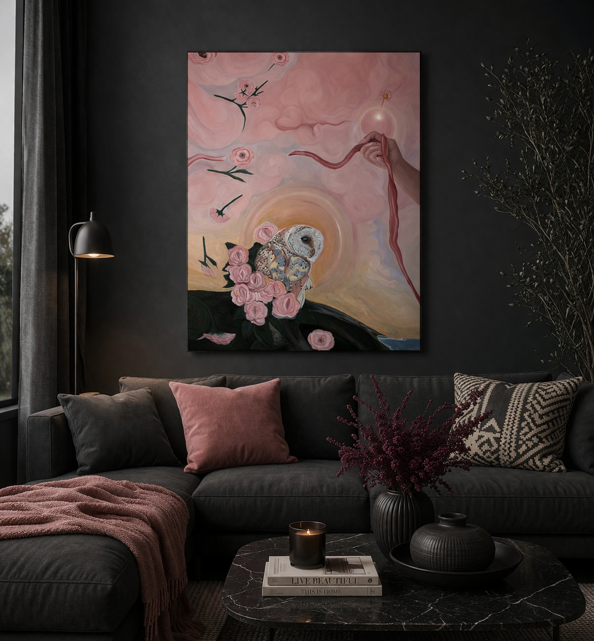 Cozy modern lounge with surreal art.png