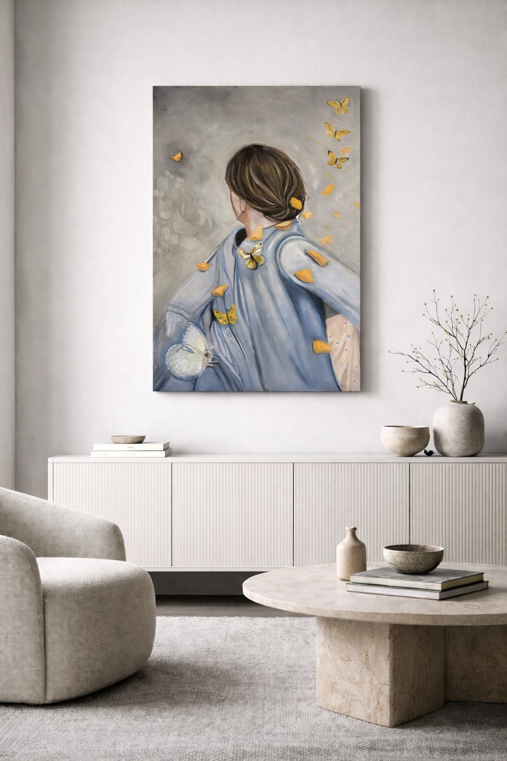 Serene living room with butterfly painting.png