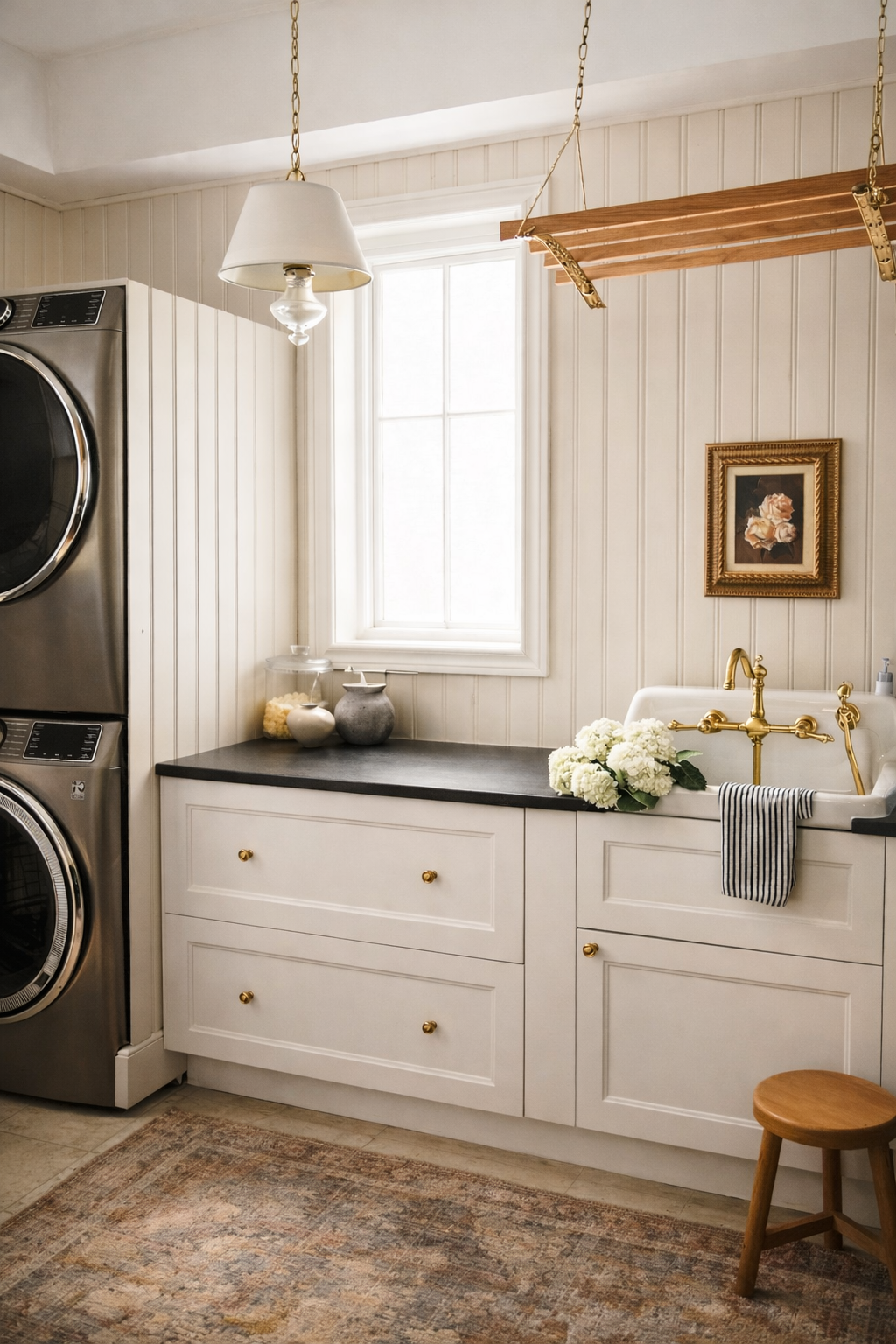 A laundry room with white paneled walls, a window, a washing machine, a sink with gold fixtures, a dark countertop, and decorative items such as vases and a framed floral picture.
