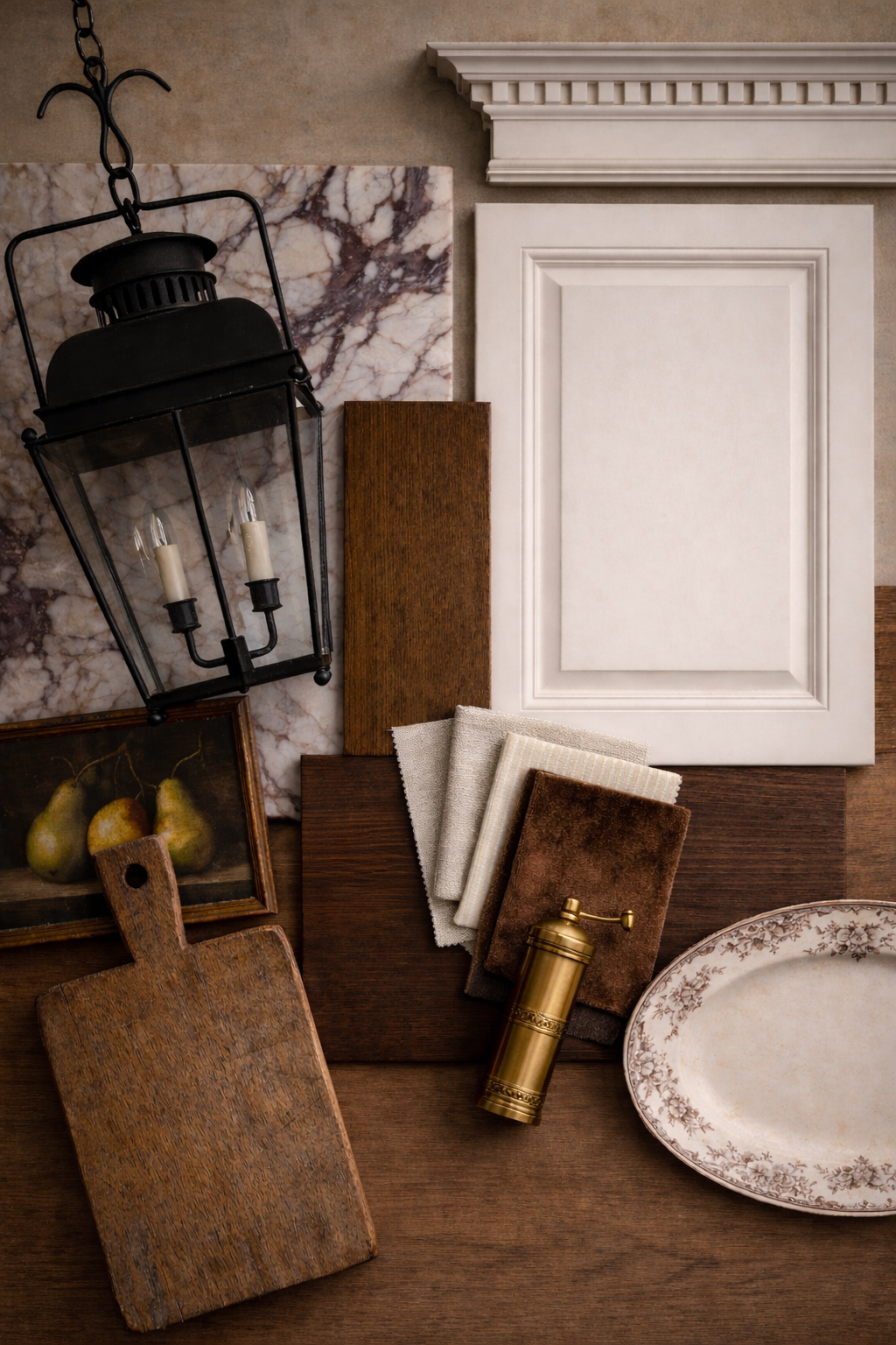 Sample interior design materials including a black lantern with candles, marble tile, wood and fabric swatches, a framed painting of pears, a cutting board, a brass pepper grinder, and a decorative oval plate.