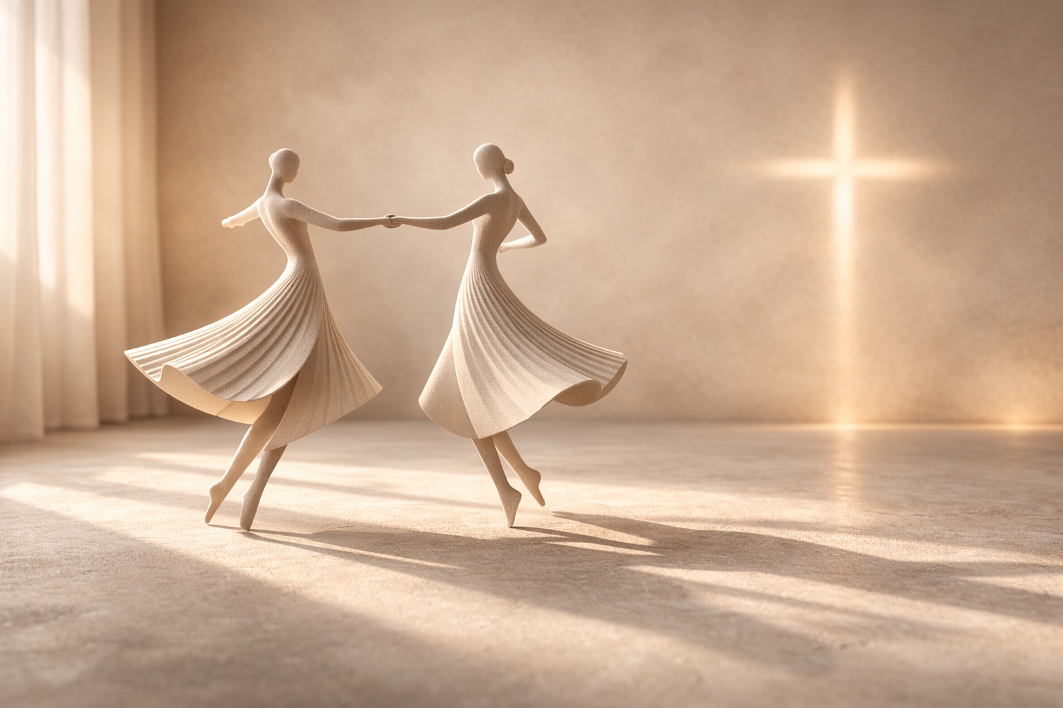Decorative figurines of two women dancing, holding hands, with a cross-shaped light reflection on the wall behind.