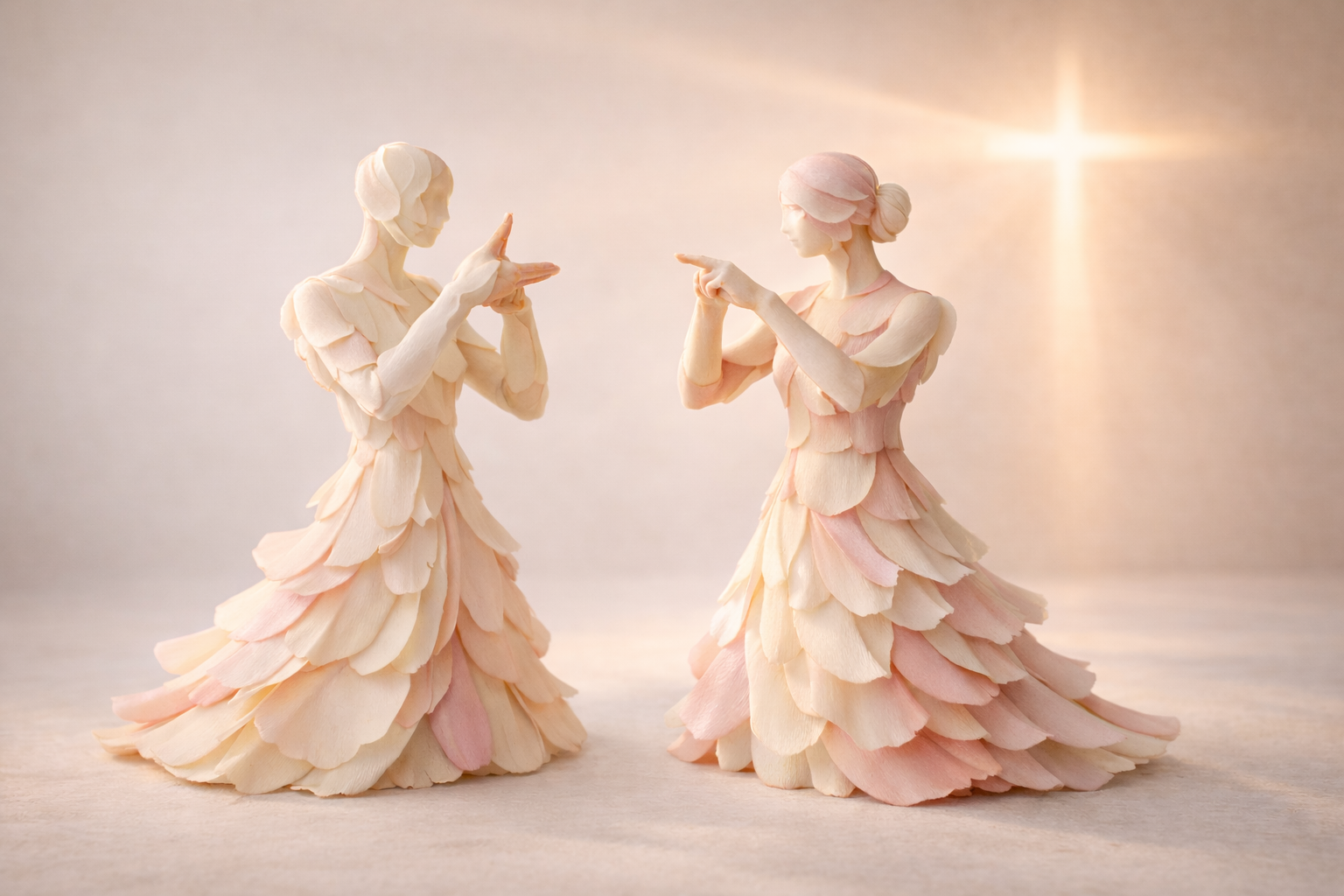 Two female figurines made of layered, pale pink and cream petals, facing each other and pointing at each other against a soft, glowing background with a bright light in the upper right.