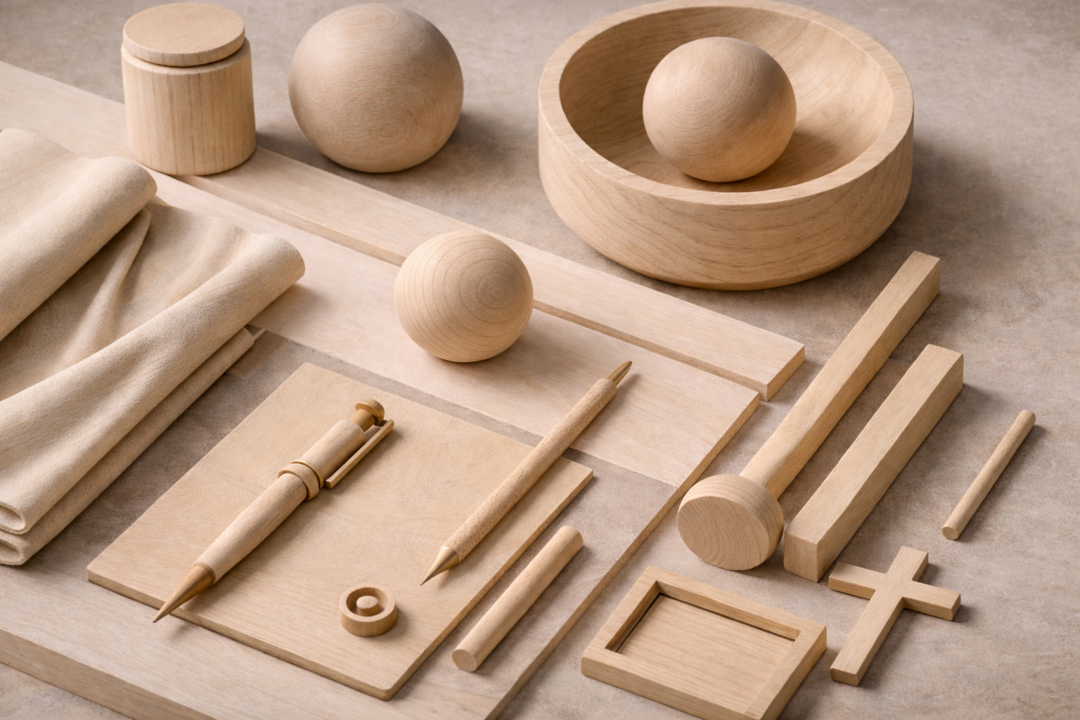 Various unfinished wooden objects including spheres, rectangular strips, a cross, a small round ring, and other geometric shapes, with fabric and tools on a light surface.