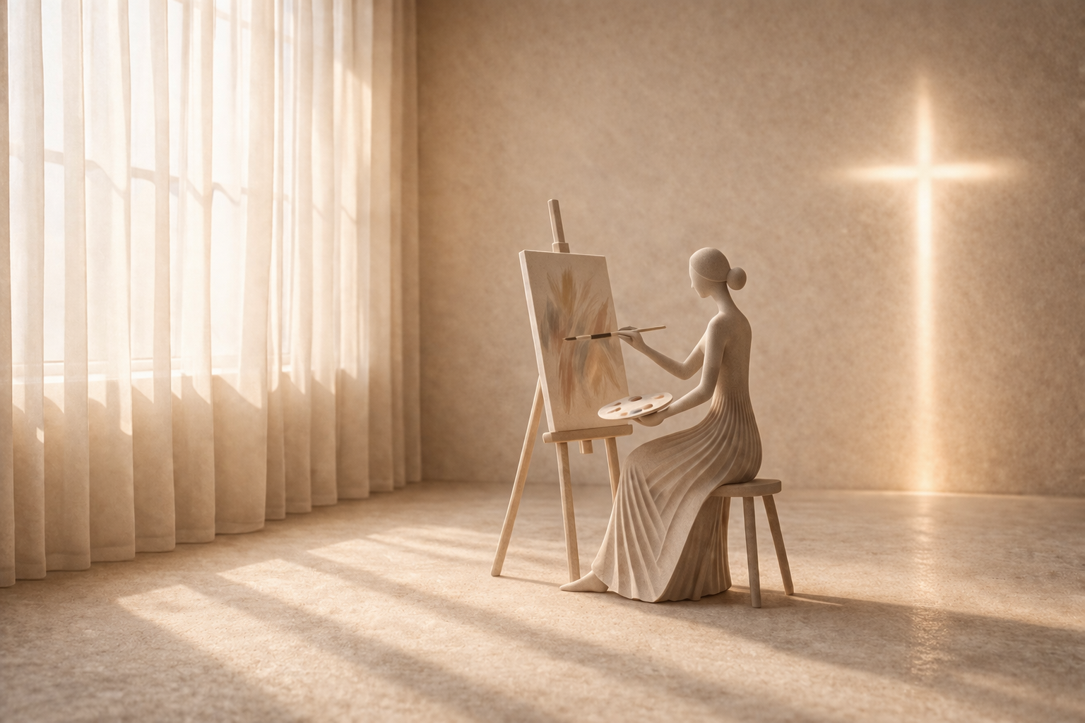 A wooden mannequin woman painting on a canvas in a softly lit room with beige curtains and cross-shaped wall decoration